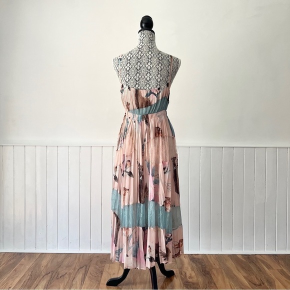 Pastel Chiffon Lace Patchwork Pleated Wrap Dress Size L - Picture 9 of 15